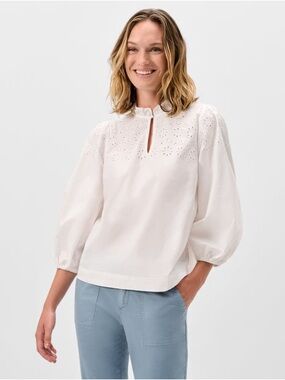 Johnnie-O White Libby Popover Blouse Eyelet Balloon Sleeve Top XL